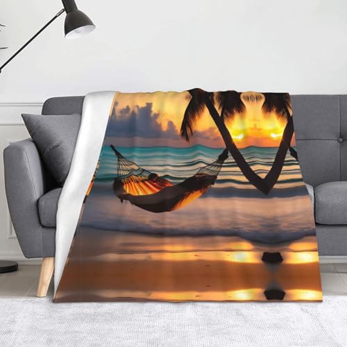 Sonnenuntergang Strand Hängematte Decke Super weiche Flanell-Fleecedecke 152,4 x 127 cm, 100% Polyester, warme Decke für Couch, Camping und Geschenke. von fdgbnm