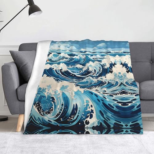 Ukiyo-e Stil Wellen Decke Super weiche Flanell-Fleecedecke 152,4 x 127 cm, 100% Polyester, warme Decke für Couch, Camping und Geschenke von fdgbnm