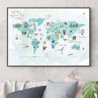The Animal Map Of The World Aquarell Poster Druck A3 A2 Landschaft Kinderzimmer Home Art Gerahmt von featherdotink