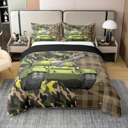 100% Baumwolle Cartoon Tank Jungen XL Größe Bettdecke Abdeckung 3 Stück grüne Armee Camouflage Retro Plaid für Kinder Cool Flugzeug Dekorative Decken Abdeckung, 2 Kissenbezüge (Keine Decken) von feelingyou