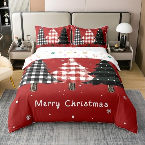 100% Baumwolle Frohe Weihnachten Bettdecke Abdeckung XL Größe 3 Stück Vintage Plaid Streifen Weihnachtsbäume für Kinder weiße Schnee Graffiti Winter Thema Decke Abdeckung,2 Kissenbezüge (keine Decke) von feelingyou