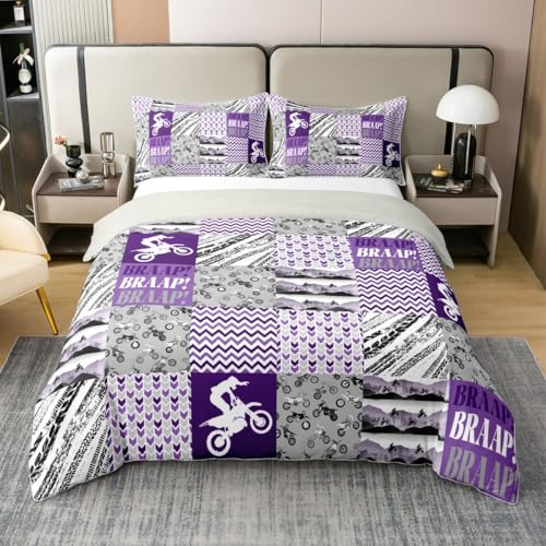 100% Baumwolle Schmutz Fahrrad Jungen Bettdecke Abdeckung L Größe 3 Stück Extreme Sports Rider Silhouette für Kinder Patchwork Lila Grau Geometrische Plaid Decke Abdeckung,2 Kissenbezüge, keine Decke von feelingyou