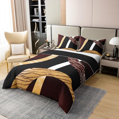 100% Baumwolle schwarz braune Kreise L Größe Bettdecke Abdeckung 3 Stück geometrische Retro Streifen Spirale für Männer Moderne Linien Plaid einfache Decke Abdeckung, 2 Kissenbezüge, keine Decke von feelingyou