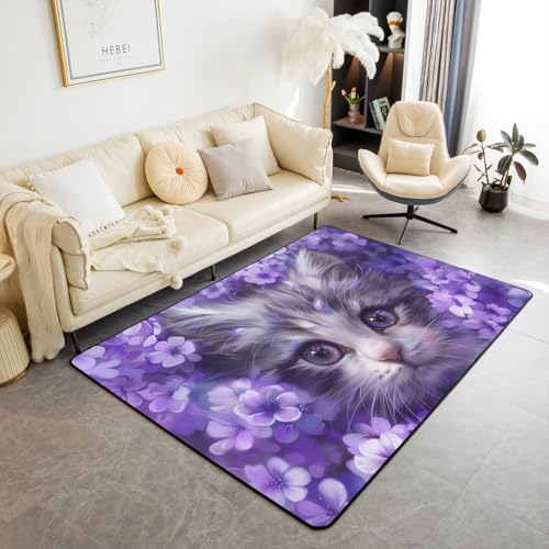 3D Katze Bereich Teppich 150x200cm Vintage lila blühende Blumen Rutschschutz Teppich für Kinder niedlich Aquarell Kitty Dekor Indoor Bodenmatte für Hauswärme Büro 3D Katze Bereich Teppich 150x200cm Vintage lila blühende Blumen Rutschschutz Teppich für Kinder niedlich Aquarell Kitty Dekor Indoor Bodenmatte für Hauswärme Büro von feelingyou