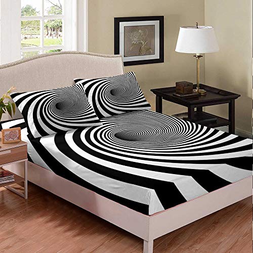 3D Wirbel Zebra Spannbettlaken 90x200cm Schwarze und weiße Streifen Spannbetttuch für Kinder Jungen Mädchen Erwachsene Psychedelischer Sinn Spannbetttuch Bettlaken Set Ultra weich 2St von feelingyou