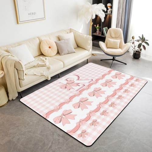 Anfangsbuchstabe R Teppich 150x200cm, Rosa Bowknot Prinzessin Stil Dekorative Bereich Teppich für Bett Wohnzimmer Dekor, Schöne Krawatte Weiß Schecked Rutschschutz waschbar Dekor für Indoor Outdoor Anfangsbuchstabe R Teppich 150x200cm, Rosa Bowknot Prinzessin Stil Dekorative Bereich Teppich für Bett Wohnzimmer Dekor, Schöne Krawatte Weiß Schecked Rutschschutz waschbar Dekor für Indoor Outdoor von feelingyou