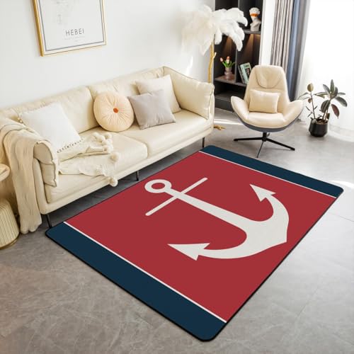 Ankerbereich Teppich 150x200cm Ocean Segeln Thema Nautischer Rutschfester Teppich für Kinder Rot Navy Blau Plaid Dekor Nicht Scheiden Teppich für Hauswärme Couch von feelingyou