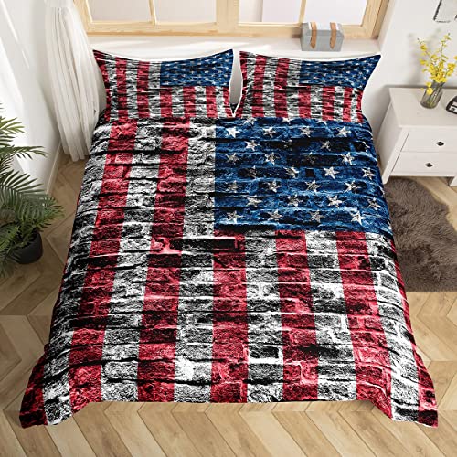 Bettdeckenbezug mit amerikanischer Flagge, 155 x 220 cm, Retro-Rot und Blau, USA-Flaggen-Druck, Bettbezug-Set mit 1 Kissenbezügen, moderner Bettbezug mit Bauernhaus-Ziegelmauer,ultraweiches Polyester von feelingyou