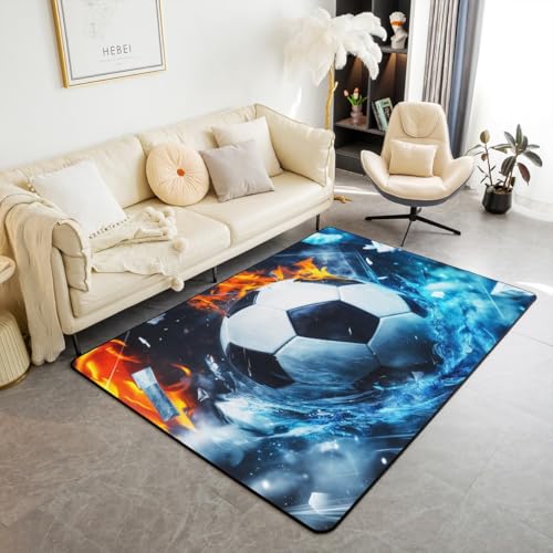 Blaue Fußball Flamme Waschbar Bereich Teppiche Cool Fußball Bereich Teppich für,Sport Thema Indoor Boden Teppich für Kinder Sportbälle rutschfeste weiche Teppiche,100x150cm von feelingyou