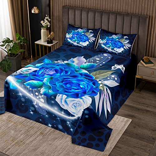 Blaue Rose Tagesdecke 220x240 cm,Glänzende Blumen Blumen Tagesdecke mit 2 Kissenbezügen,3-teilig,Silber Schmetterling Print Dekoratives Polyester Gesteppt für Jungen Teens Zimmer Geschenk,Weich von feelingyou