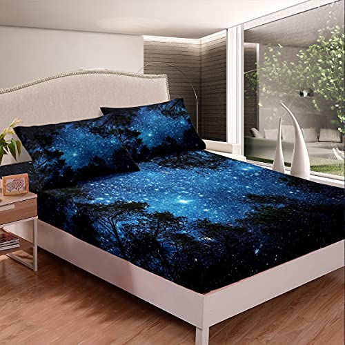 feelingyou Blauer Nachthimmel Spannbettlaken 90x200cm Sternenhimmel Sommercamping Spannbetttuch für Kinder Jungen Mädchen Erwachsene Baum Silhouette Spannbetttuch Bettlaken Set Ultra weich 2St von feelingyou