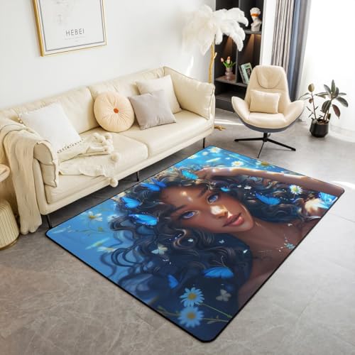 Blauer Schmetterling Mädchen Bereich Teppich 150x200cm wunderschöne Schwarze Prinzessin Lady Rutschschutz Teppich für Kinder 70er Groovy Daisy Blumen Dekor Indoor Bodenmatte für Wohnzimmer Sofa von feelingyou