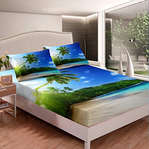 Blue Sky Sea Water Spannbettlaken 90x200cm Grüner Kokosnussbaum Spannbetttuch für Kinder Jungen Mädchen Erwachsene Urlaub auf Hawaii Spannbetttuch Bettlaken Set Ultra weich 2St von feelingyou