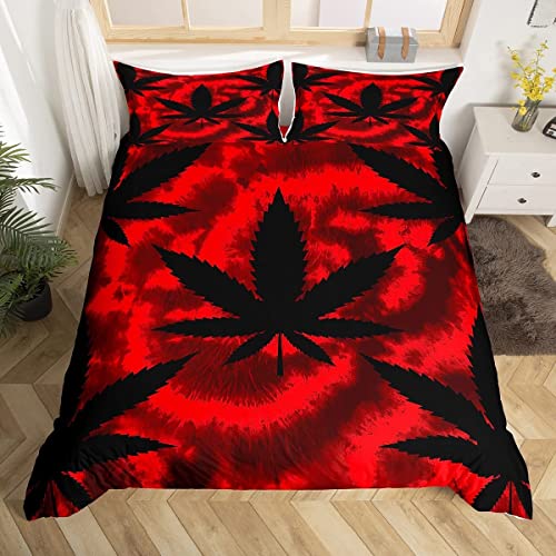 Cannabisblätter Bettwäsche-Set Roter schwarzer Krawattenfarbstoff Vintage Hohemia Bettwäsche Set 135x200cm Marihuana Weed Leaf Betten Set für Kinder Teenager 2St.Reißverschluss Mikrofaser von feelingyou