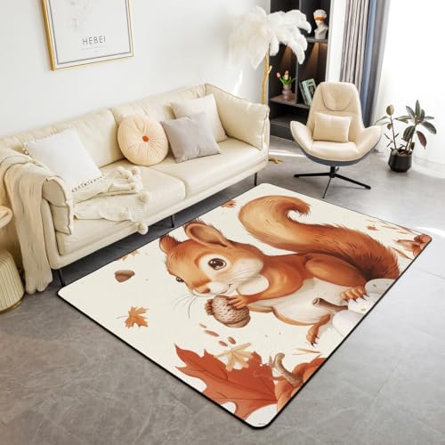 Cartoon Eichhörnchen Bereich Teppich Herbst Kürbis Aquarell Pflanzen Nicht vergießen Teppich für Kinder Jungen niedliche Wildtiere rustikalen Stil Rutschschutz Teppich für Büro RV 150x200cm von feelingyou
