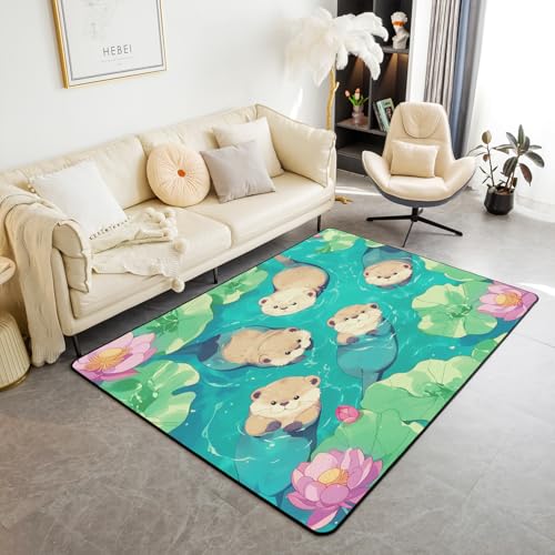 Cartoon Otter Kids Area Teppich, Lotus Blätter Blumen Floral Indoor Bodenmatte Eingangsteppich für Mädchen Jungen, niedliche Tierpflanze Grün Braun Couch Wohnzimmer Dekor, 150x200cm von feelingyou