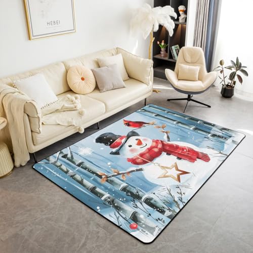 Cartoon Schneemann Bereich Teppich 150x200cm Netter roter Vogel Dschungel Bäume Rutschfester Teppich für Kinder Winter Landschaft Rustikale Bauernhaus Stil Indoor Bodenmatte für Schlafzimmer Sofa von feelingyou