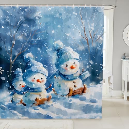 Cartoon Schneemann Familie Dusche Vorhang Aquarell Blaue Krawatte Farbstoff Schnee Badezimmer Vorhänge niedliche Schneemann Winter Theme Dekor Bade Vorhang für Badewanne mit 12 Haken S Größe von feelingyou