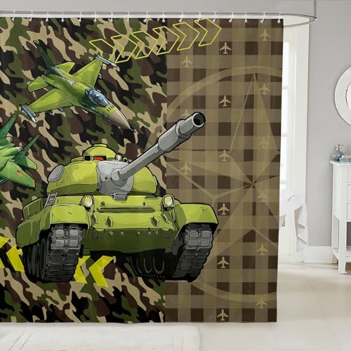 Cartoon Tank Boys Duschvorhang Grün Armee Camouflage Retro Plaid Badezimmer Vorhänge für Kinder Cool Flugzeug Dekorative Badevorhang für Badewanne mit 12 Haken L Größe von feelingyou