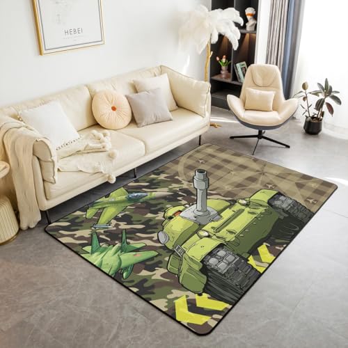 Cartoon Tank Jungen Bereich Teppich Grün Armee Camouflage Retro Plaid Nicht Shedding Teppich für Kinder Cool Flugzeug Dekorative Rutschfester Teppich für Stühle Couch 100x150cm von feelingyou