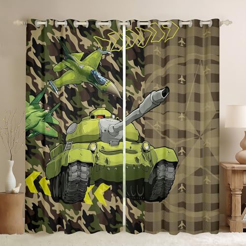 Cartoon Tank Jungen Fenstervorhänge Grün Armee Camouflage Retro Plaid Fenstervorhänge für Kinder Cool Flugzeug Dekorative Vorhänge für Wohnzimmer 2 Panels S Größe von feelingyou