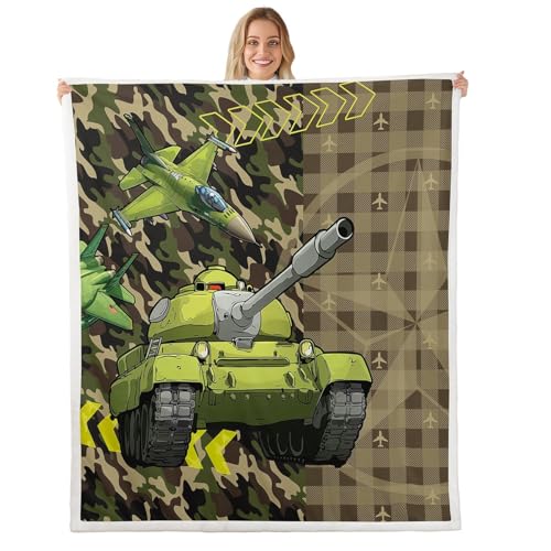 Cartoon Tank Jungen werfen Decke Grün Armee Camouflage Retro Plaid Bettdecke für Kinder Cool Flugzeug Dekorative Fleece Decke für Stühle Couch X Größe von feelingyou