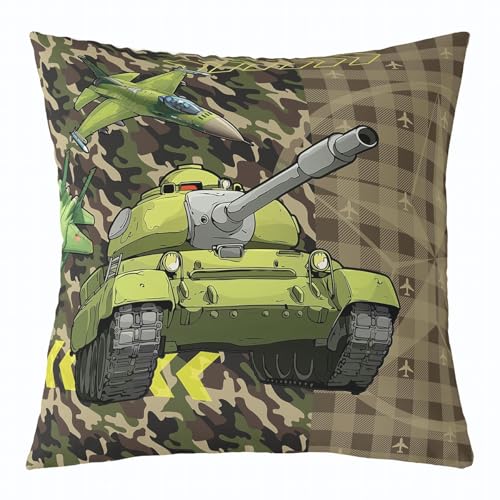 Cartoon Tank Jungen werfen Kissen Abdeckung Grün Armee Camouflage Retro Plaid Kissenhülle für Kinder Cool Flugzeug Dekorative Kissen Abdeckung für Stühle Couch 55x55cm von feelingyou