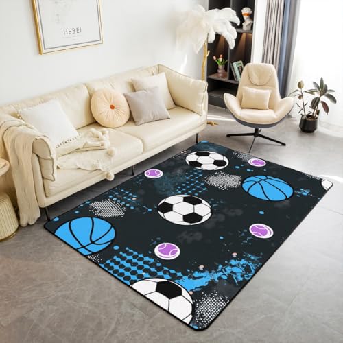 Cool Balls Waschbar Area Teppiche Fußball Basketball Baseball Area Teppich für,Balls Gamer Indoor Boden Teppich für Kinder Sport Thema rutschfeste weiche Teppiche,100x150cm von feelingyou