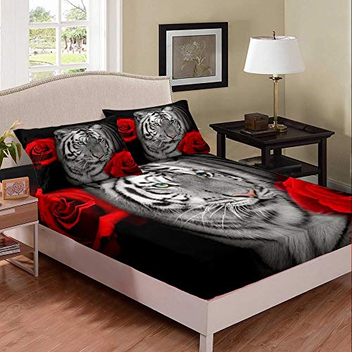 Cooler weißer Tiger Spannbettlaken 90x200cm Roter Rosenblüten-starker weißer Tiger Spannbetttuch für Kinder Erwachsene Heftiges wildes Tier Spannbetttuch Bettlaken Set Ultra weich 2St von feelingyou