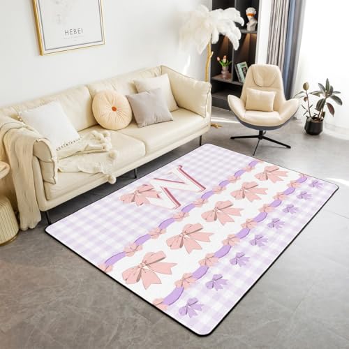 Cute Bowknot Teppich 150x200cm, Personalisierte Englische Buchstabe W Druck Dekorative Area Teppich für Bett Wohnzimmer, Pink Bow Tie Purple Checkered Anti-Rutsch Waschbar Dekor für Indoor Outdoor Cute Bowknot Teppich 150x200cm, Personalisierte Englische Buchstabe W Druck Dekorative Area Teppich für Bett Wohnzimmer, Pink Bow Tie Purple Checkered Anti-Rutsch Waschbar Dekor für Indoor Outdoor von feelingyou
