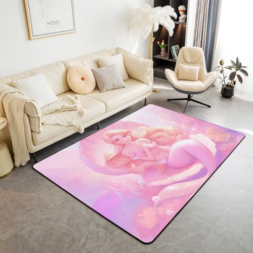 Cute Mermaid Kids Area Teppich, Coral Ocean Fish Tails Scales Indoor Floor Mat Eingangsteppich für, Märchenprinzessin Dreamy Rutschschutz Teppich, Rosa Orange Couch Wohnzimmer Dekor, 100x150cm von feelingyou