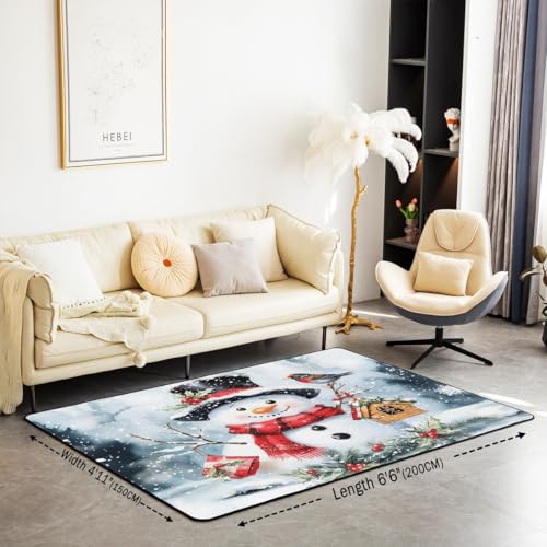 Cute Snowman Area Teppich Lovely Bird Holly Früchte Dekor Rutschfester Teppich für Kinder Aquarell Dschungel Bäume Winter Thema Indoor Bodenmatte für Schlafzimmer Sofa 150x200cm von feelingyou