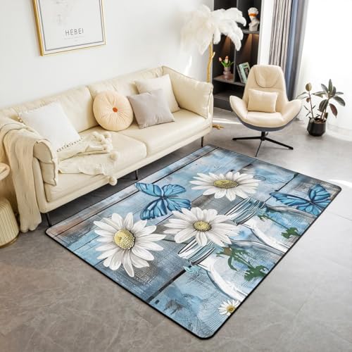 Daisy Bereich Teppich Aquarell Blauer Schmetterling Retro Blumen Nicht-Abgießen Teppich für Kinder Holz Streifen Rustikale Bauernhaus Stil Rutschfester Teppich für Wohnzimmer Sofa 150x200cm Daisy Bereich Teppich Aquarell Blauer Schmetterling Retro Blumen Nicht-Abgießen Teppich für Kinder Holz Streifen Rustikale Bauernhaus Stil Rutschfester Teppich für Wohnzimmer Sofa 150x200cm von feelingyou