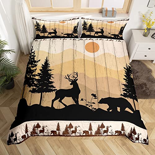 Deer Bear Silhouettes Kids Duvet Cover Set 135x200cm,Wooden Plank Cottage Farmhouse Bedding Set,Boys Girls Adults Room Decor,Pine Trees Nature Comforter Cover,Brown Rustic Quilt Cover,1 Pillowcase von feelingyou