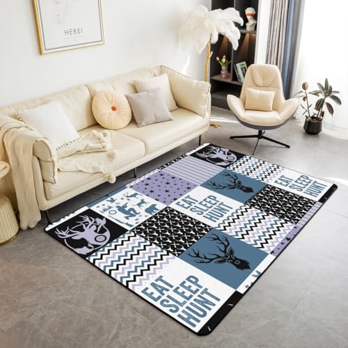 Deer Patchwork Area Teppich 100x150cm, Essen Schlaf Jagd Thema Rutschschutz Teppich für Kinder Teen Jungen Frauen Männer, Abenteuer Blau Lila Schwarz Gitter für Esszimmer Hinterhof Dekor Deer Patchwork Area Teppich 100x150cm, Essen Schlaf Jagd Thema Rutschschutz Teppich für Kinder Teen Jungen Frauen Männer, Abenteuer Blau Lila Schwarz Gitter für Esszimmer Hinterhof Dekor von feelingyou
