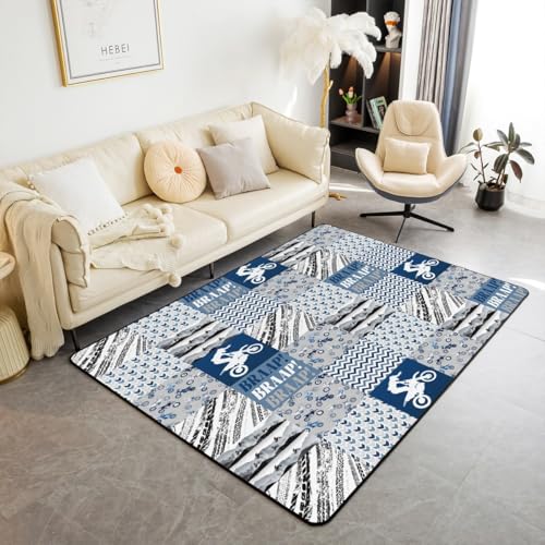 Dirt Bike Area Teppich 100x150cm Rennspiel Abenteuer Extreme Sports Rutschfester Teppich für Kinder Jungen Männer Grau Blaue Plaid Streifen Dekor Indoor Bodenmatte für Wohnzimmer Büro von feelingyou