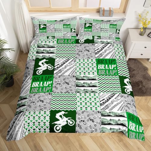 Dirt Bike Bettdecke Abdeckung L Größe, Grau Grün Plaid Reifen Druckstreifen Bettwäsche Set für Kinder, Extreme Sports Stil Decke Abdeckung mit 2 Kissenbezügen (Keine Decke) von feelingyou