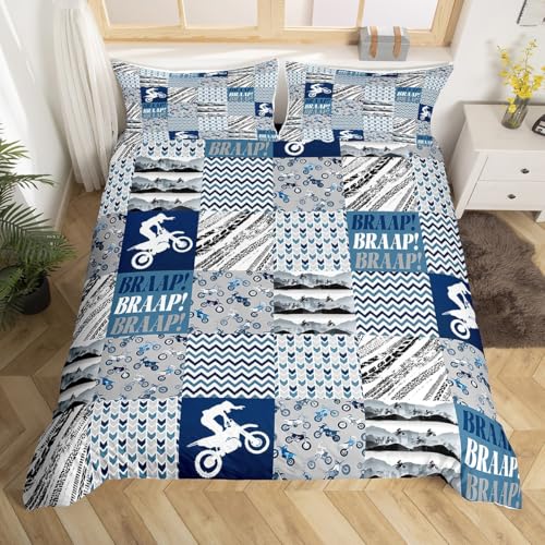 Dirt Bike Bettdecke Abdeckung L Größe,Rennspiel Abenteuer Extreme Sports Bettwäsche Set für Kinder,Grau Blaue Plaid Streifen Dekor Deckbedeckung mit 2 Kissenbezügen (Keine Deckbedeckung) von feelingyou