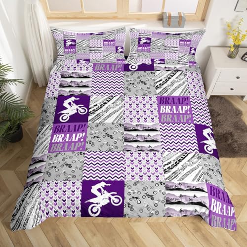 Dirt Bike Boys Bettdecke L Größe 3 Stück, Extreme Sports Rider Silhouette Kinder für Kinder, Patchwork Purple Grau Geometrische Plaid Decke Abdeckung mit 2 Kissenbezügen (Keine Decke) von feelingyou