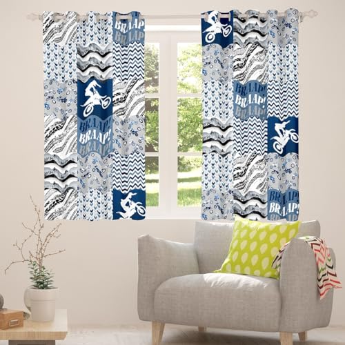 Dirt Bike Fenstervorhänge 2 Panels XXL Größe Rennspiel Abenteuer Extreme Sports Fenstervorhänge für Kinder Grau Blau Plaid Streifen Dekor Vorhänge für Wohnzimmer von feelingyou