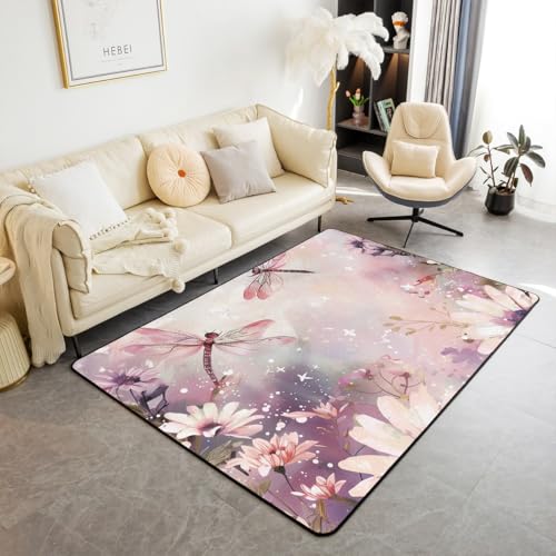 Dragonfly Teppich 150x200cm,Aquarell Daisy Blumenpflanze Dekorationsbereich für Bett Wohnzimmer Dekor,Wildlife Glitter Tie Dye Druck Rutschfester waschbarer Dekor Teppich für Indoor Outdoor Dragonfly Teppich 150x200cm,Aquarell Daisy Blumenpflanze Dekorationsbereich für Bett Wohnzimmer Dekor,Wildlife Glitter Tie Dye Druck Rutschfester waschbarer Dekor Teppich für Indoor Outdoor von feelingyou