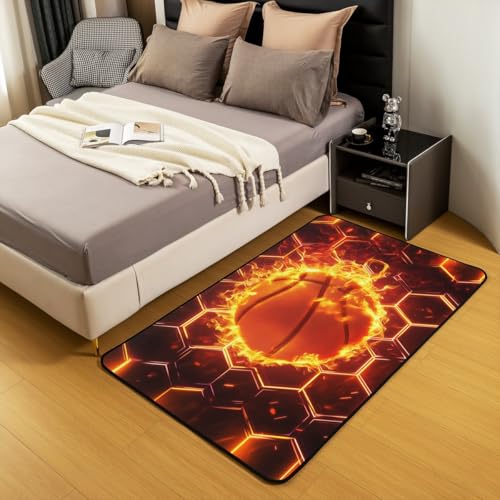 Flamme Basketball Waschbar Bereich Teppiche Cool Basketball Bereich Teppich für, Sechseck Honeycomb Indoor Boden Teppich für Kinder Sport Thema rutschfeste weiche Teppiche, 100x150cm von feelingyou