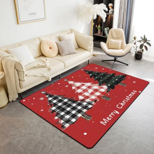 Frohe Weihnachten Bereich Teppich 150x200cm Vintage Plaid Streifen Weihnachtsbäume Rutschschutz Teppich für Kinder weißen Schnee Graffiti Winter Thema Indoor Fußbodenmatte für Wohnzimmer Sofa von feelingyou