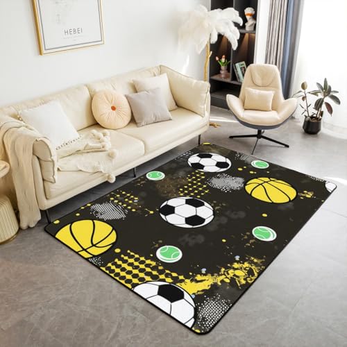 Fußball Basketball Baseball Waschbarer Bereich Teppich Sports Bälle Bereich Teppiche für, Krawatte-gefärbte Bälle Indoor Boden Teppich für Kinder Sport Thema rutschfeste weiche Teppiche, 150x200cm von feelingyou