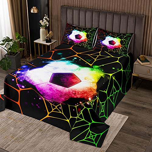 Fußball Fußball Bettdecke 220x240cm,Ball Sport Gaming Thema Tagesdecke für Kinder Erwachsene Mann Jungen Schlafzimmer Dekor,Geometrische unregelmäßige Linienmuster gesteppt mit 2 Kissenbezügen von feelingyou