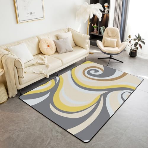 Gelb Grau Wirbeln Bereich Teppich 150x200cm Geometrische Aquarell Streifen Kreise Drucken Rutschfester Teppich für Männer Frauen Moderne einfache Stil Indoor Bodenmatte für Hauswärme Stühle von feelingyou