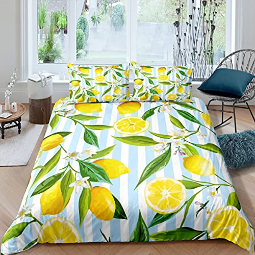 Gelbe Zitrone Bettwäsche-Set Freash Lemon Fruits Grüne Blätter Bettwäsche Set 200x200cm Blaue weiße Streifen Betten Set für Kinder Jungen Mädchen Teenager 3St.Reißverschluss Mikrofaser von feelingyou