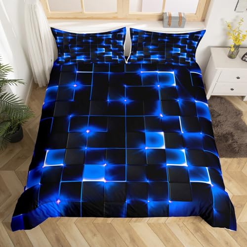 Geometrische Bettwäsche Set S Größe, 3D abstrakte moderne quadratische Raster Druck Tröster Abdeckung Set für Kinder Mädchen, glänzende blaue Neon Licht Schwarz Quilt Cover Schlafzimmer Dekor, 2 Pcs von feelingyou