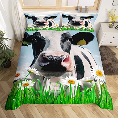 feelyou Großes Kuh-Bettwäsche-Set Whiye Daisy Flower Green Grass Bettwäsche-Set 135 x 200 cm Bauernhoftier-Bettwäsche-Set für Kinder Jungen Mädchen Teenager 2-teiliges Reißverschluss-Mikrofaser von feelingyou