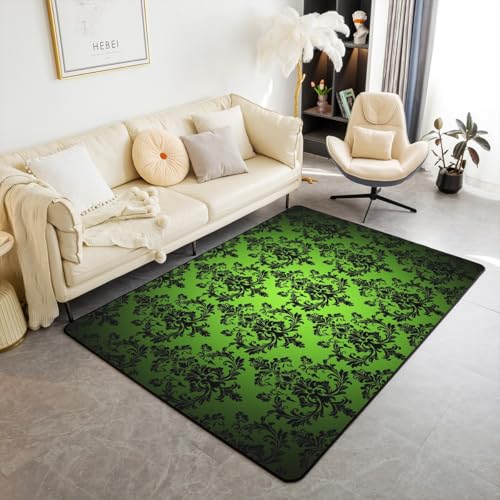 Grün schwarzer Damask Teppich 150x200cm, Vintage gotische Spitze Blumen Druck Kinder Rutschfeste Dekorative Indoor Matte, antike viktorianische Barock Boho für Wohnzimmer Spielzimmer Bettseite Grün schwarzer Damask Teppich 150x200cm, Vintage gotische Spitze Blumen Druck Kinder Rutschfeste Dekorative Indoor Matte, antike viktorianische Barock Boho für Wohnzimmer Spielzimmer Bettseite von feelingyou
